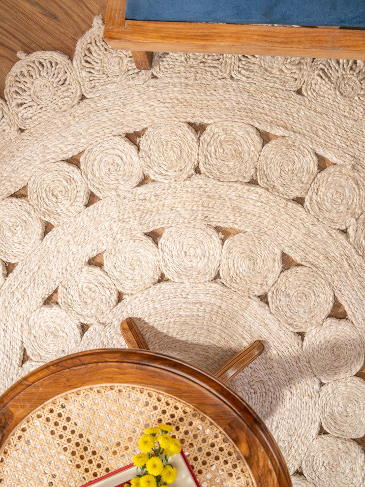 HAND WOVEN JUTE ECO-FRIENDLY AREA RUGS  - Round, White, Oriental, Indoor Outdoor, [Round] 6'7''x6'7''