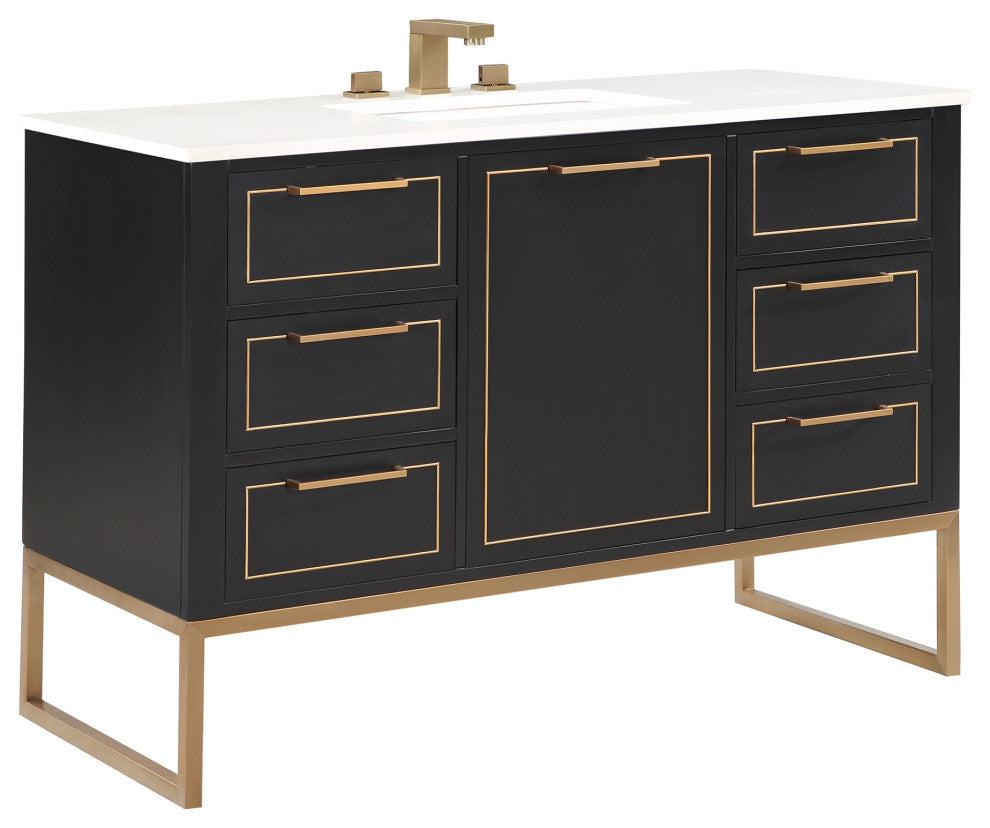 Markham 48" Bathroom Vanity, Midnight Black/Satin Brass, 48", Calacatta Quartz Top
