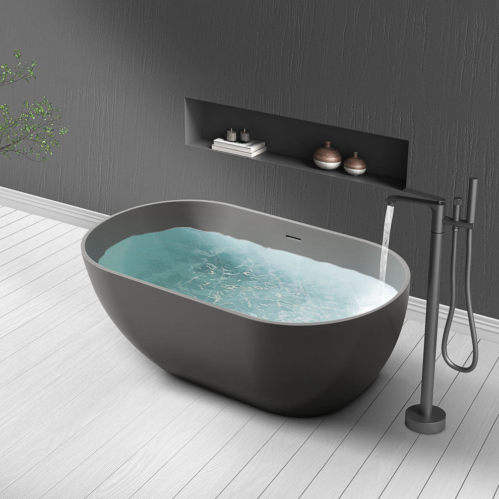 Stone Resin Matte Freestanding Soaking Bathtub, Gray, 59 in.