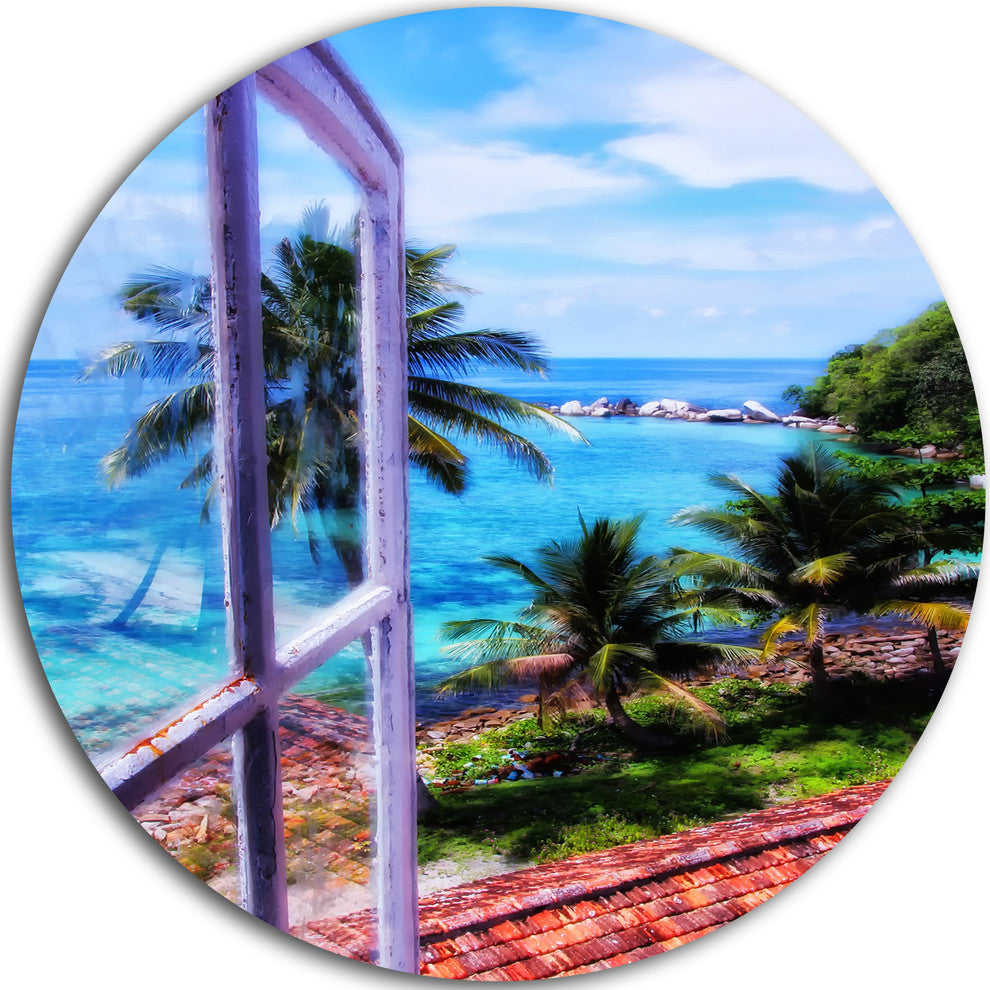 Light House Window View, Landscape Photo Round Metal Wall Art, 11"