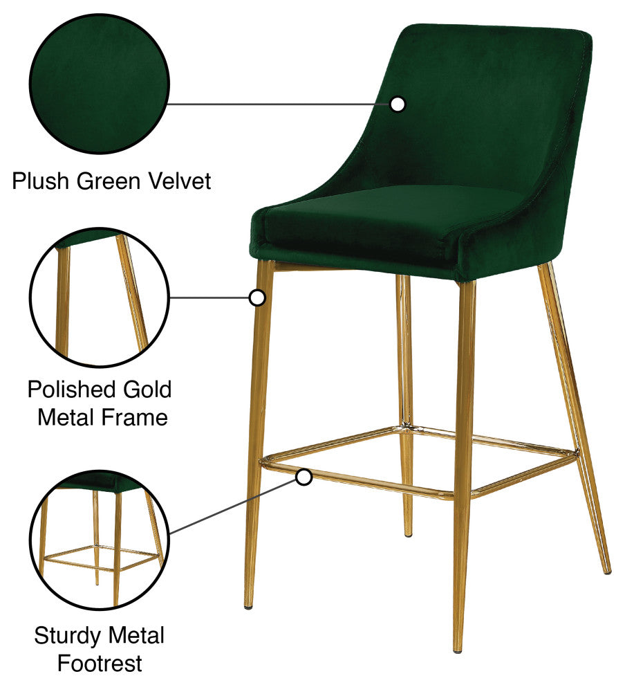 Karina Velvet Stool (Set of 2), Green, Gold Base