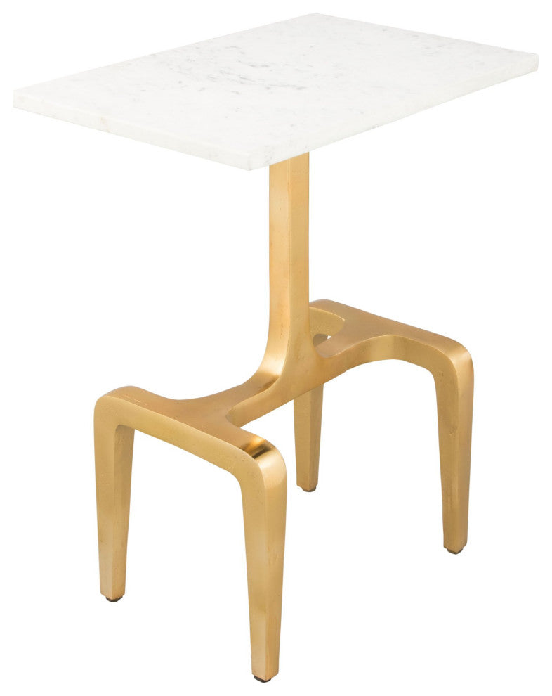 Sofa Side Table, Rectangular, Artificial Marble, Aluminum Metal, White, Gold