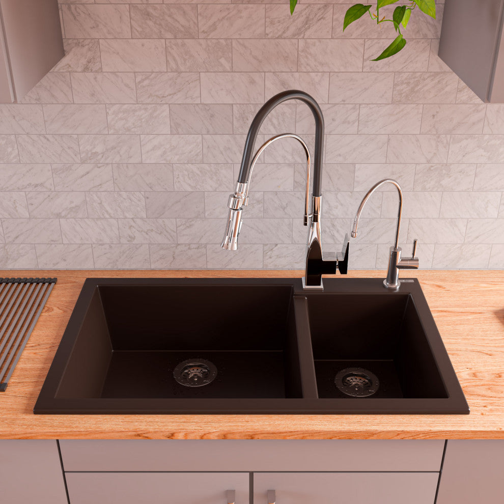 Chocolate 34" Double Bowl Drop In Granite Composite Kitchen Sink