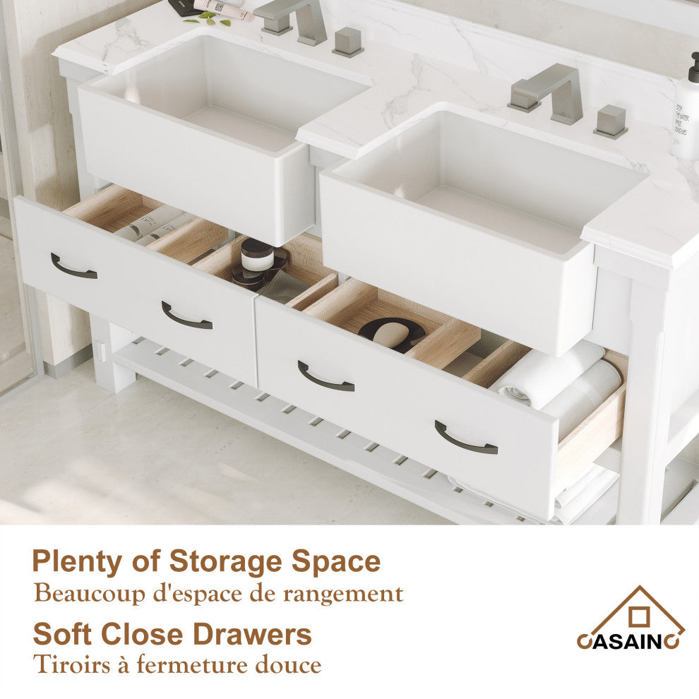 Freestanding Bath Vanity in White with White Quartz Top, 60in