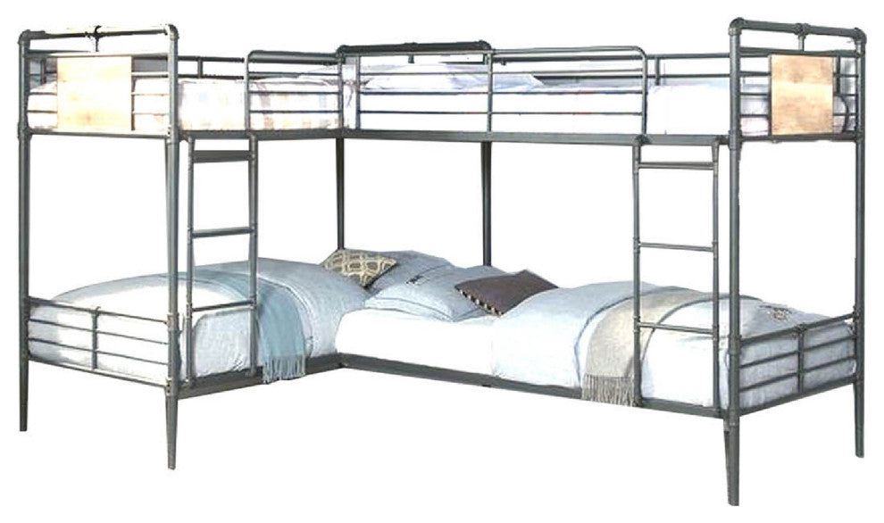 Benzara BM266442 Twin over Twin Bunk Bed With Guard Rails, Black and Dark Bronze