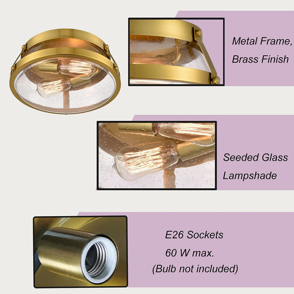 Brass Ceiling Light Fixture, Industrial Ceiling Lamp, Seeded Glass Shade