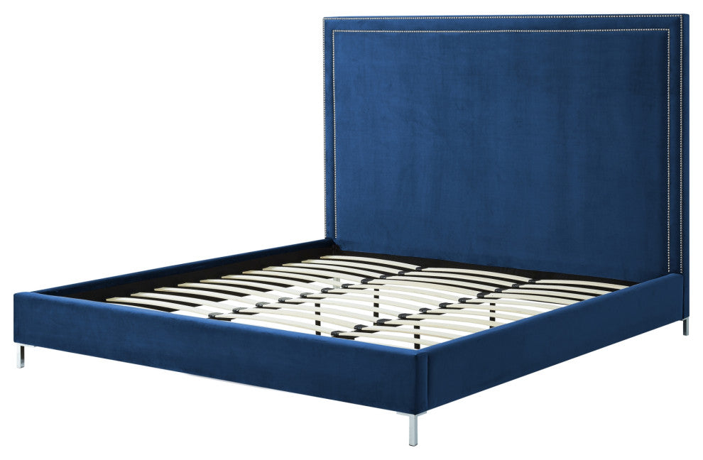 Giovanna Nailhead Trim Platform Bed, Navy Velvet, Queen
