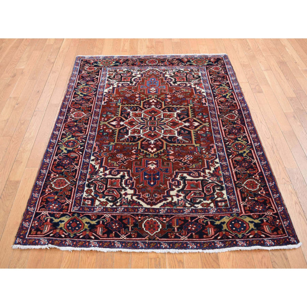 Red, Semi Antique Persian Heriz, Hand Knotted, Soft Wool Rug, 4'7"x8'8"
