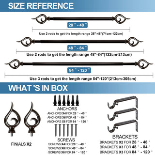 1" Flame Drapery Curtain Rod, Bronze, 84"-120"