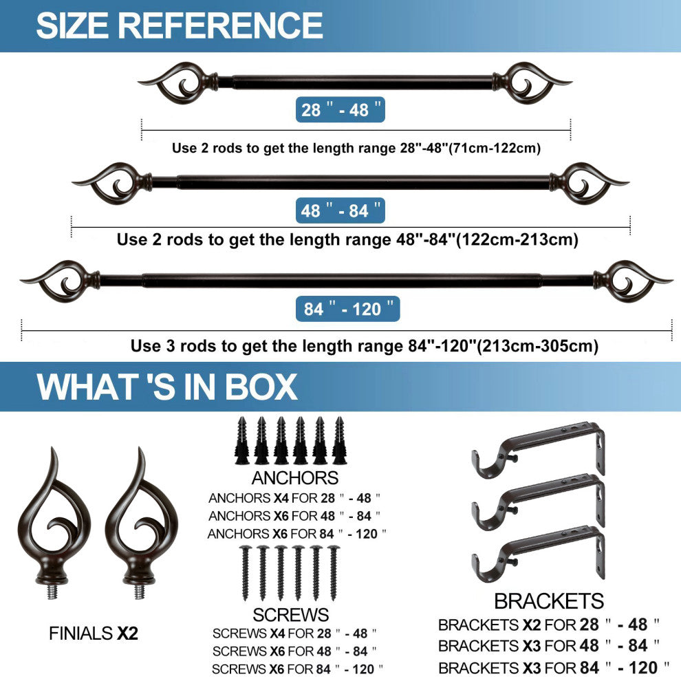 1" Flame Drapery Curtain Rod, Bronze, 84"-120"