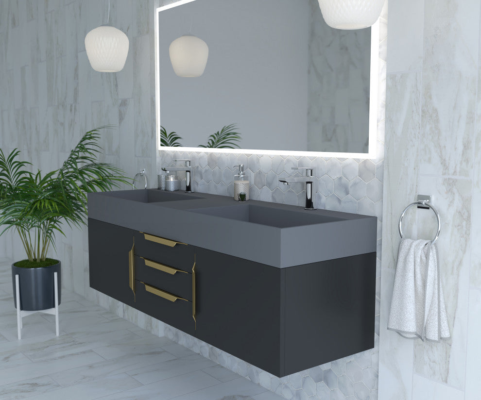 CastelloUSA Amazon 60" Wall Mounted Vanity Set, Black, Gray Top, Gold Handles
