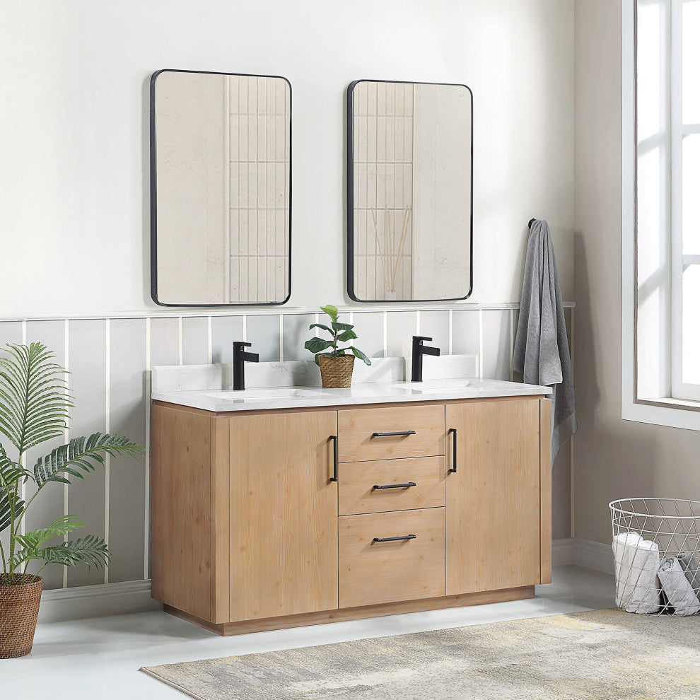 San Bath Vanity with Stone Top, Fir Wood Brown, 60" Double Sink, Double Vanity, No Mirror
