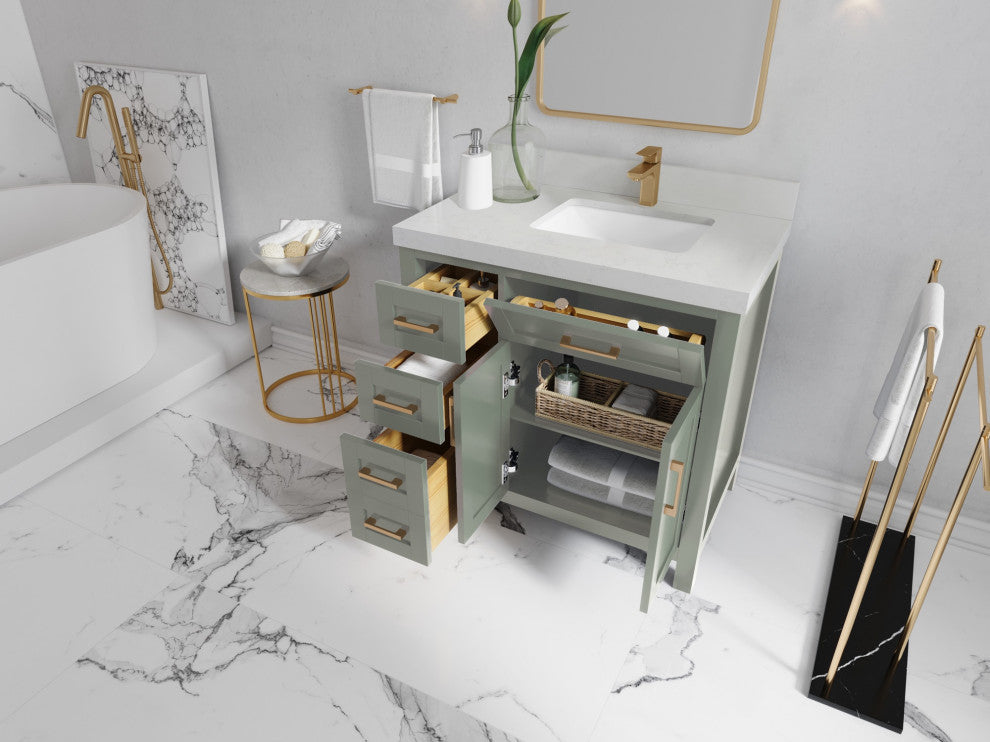 Cambridge 36" Right Offset Bath Vanity in Evergreen 2" Calacatta Gold