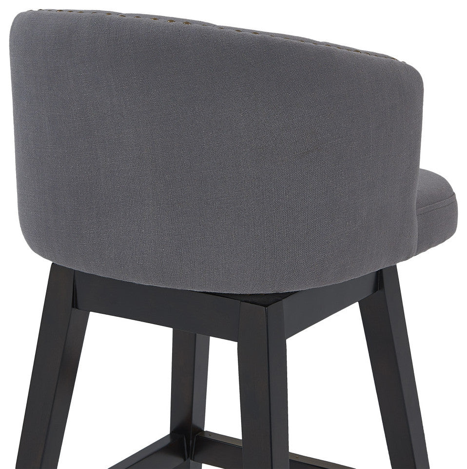 30" Gray Tufted Fabric and Dark Espresso Wood Swivel Bar Stool