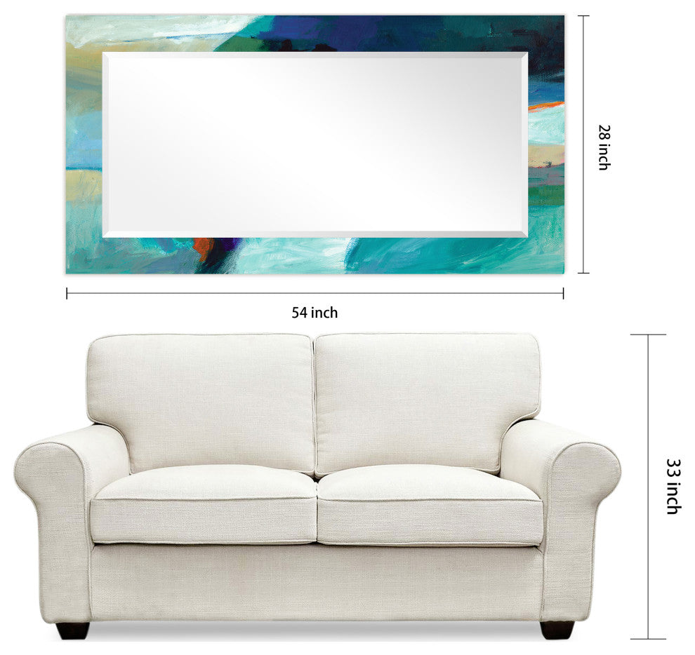 "Sky" Beveled Mirror on Printed Abstarct Tempered Art Glass, 54x28"