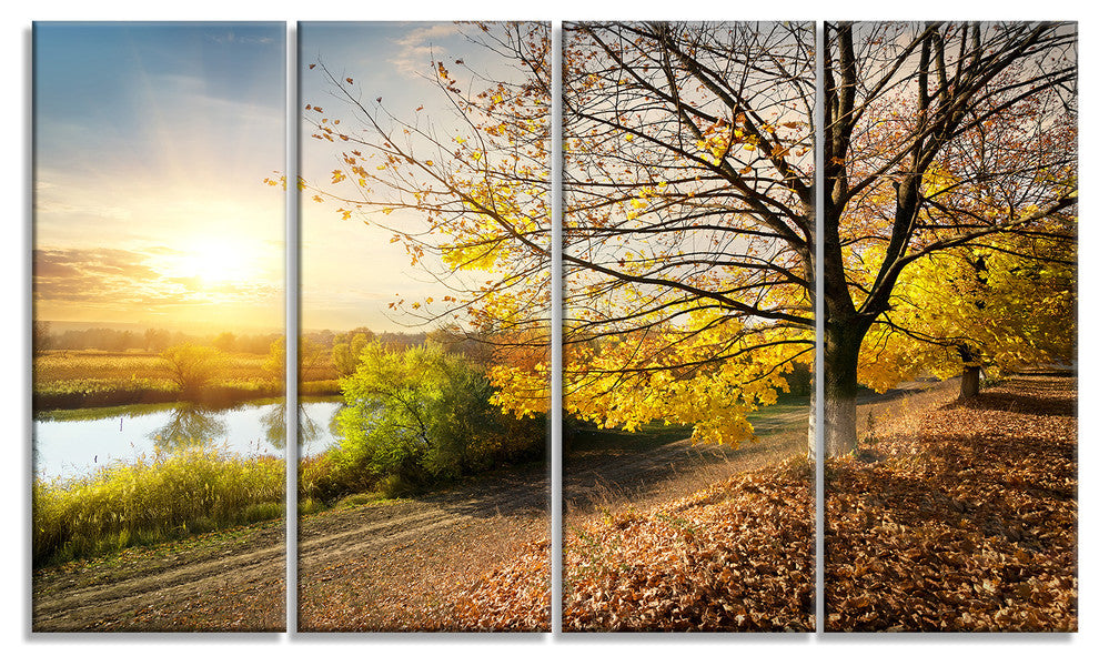 Beautiful Road by the River, Large Landscape Canvas Art, 48"x28", 4 Panels