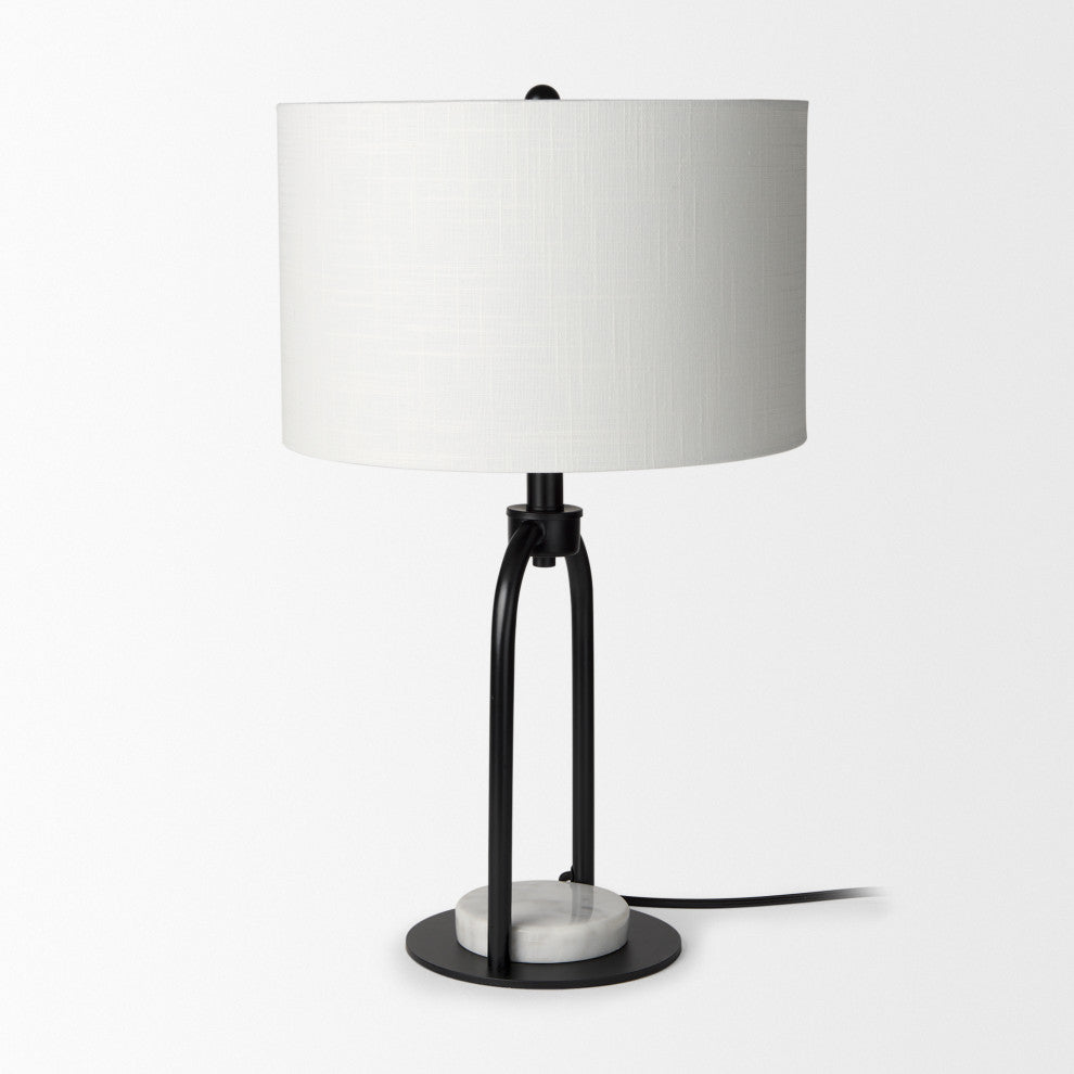 Sarah Arched Black Metal With Marble Cube and White Shade Table Lamp