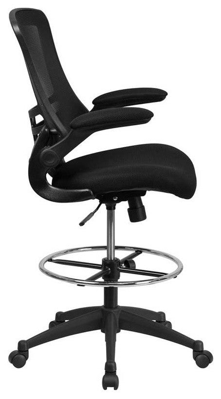 Mid-Back Black Mesh Drafting Chair with Adjustable Foot Ring and Flip-Up Arms