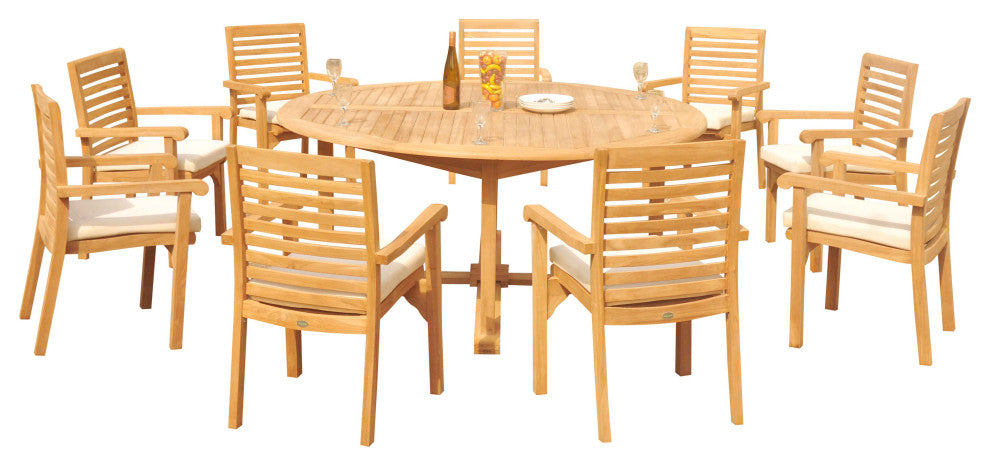10-Piece Outdoor Teak Dining Set: 72" Round Table, 9 Hari Stacking Arm Chairs