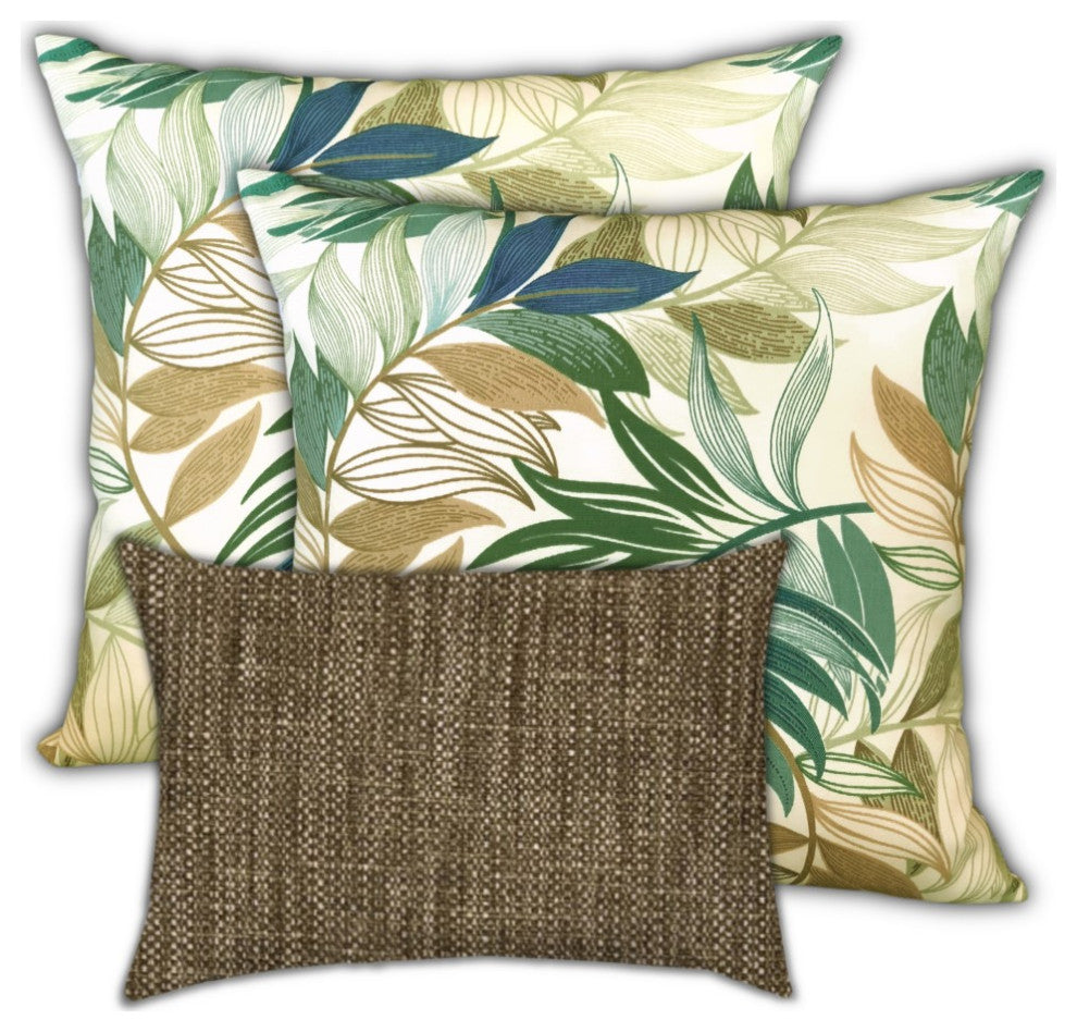 3-Piece Set Beige Tropical Leaves Indoor Outdoor Sewn Pillows
