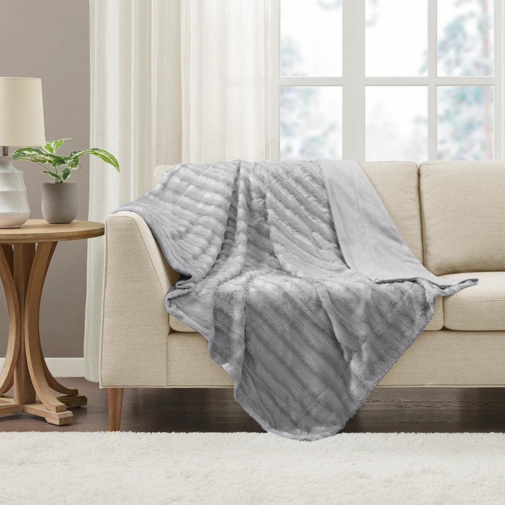 Madison Park Solid Stripe Plaited Brushed Long Fur Knitted Throw, Gray