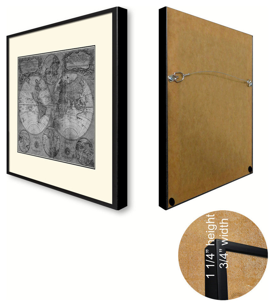 World Vintage Map Print On Canvas With Black Custom Frame, 16" X 21"