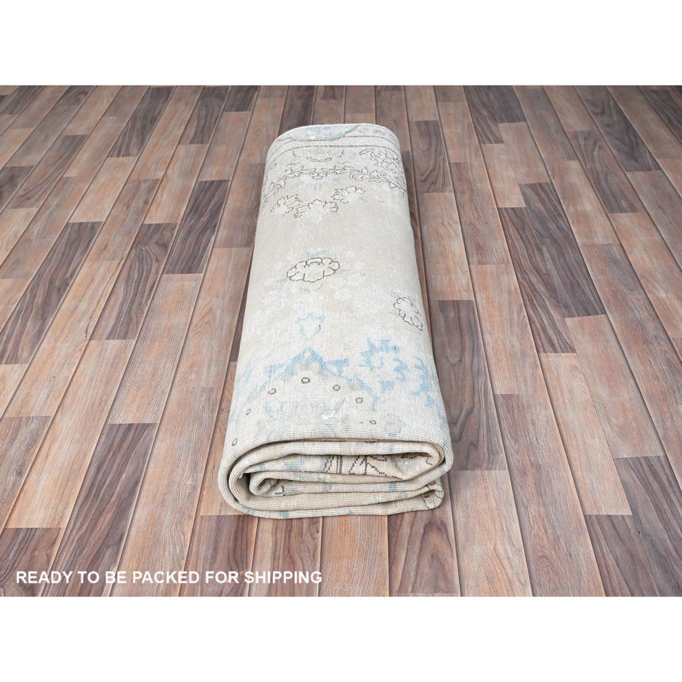 White, Natural Wool, Hand Knotted, Vintage Persian Kerman, Rug, 7'2"x9'10"