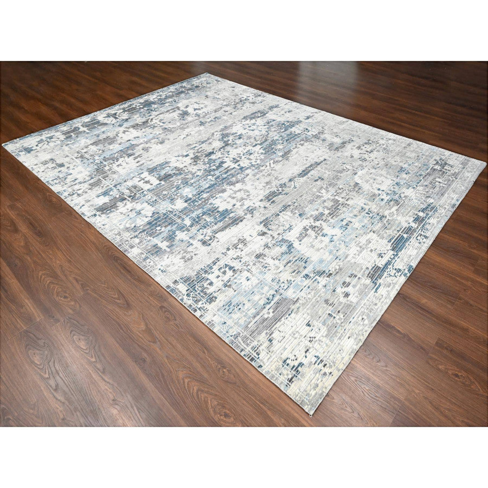 Shadow White Hand Knotted Undyed Wool Nepali Oriental Rug, 9'3"x12'