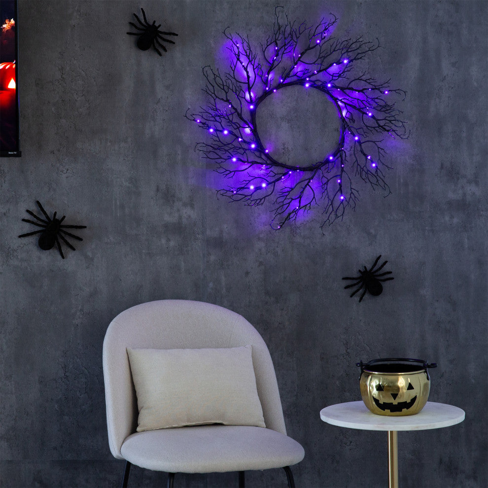23in. Pre-Lit Halloween Black Fall Wreath With 60 Orange and Purple LED Lights