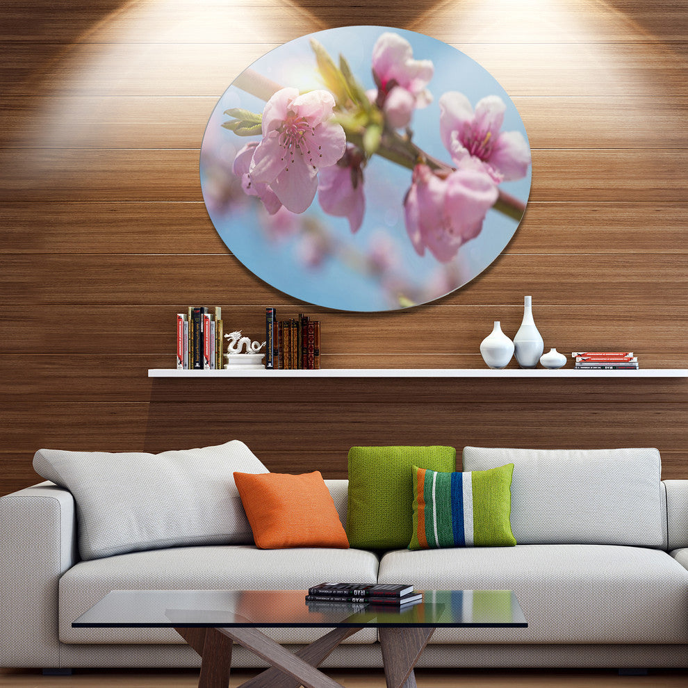 Stem Of Peach Blossom Flowers, Floral Round Metal Wall Art, 23"