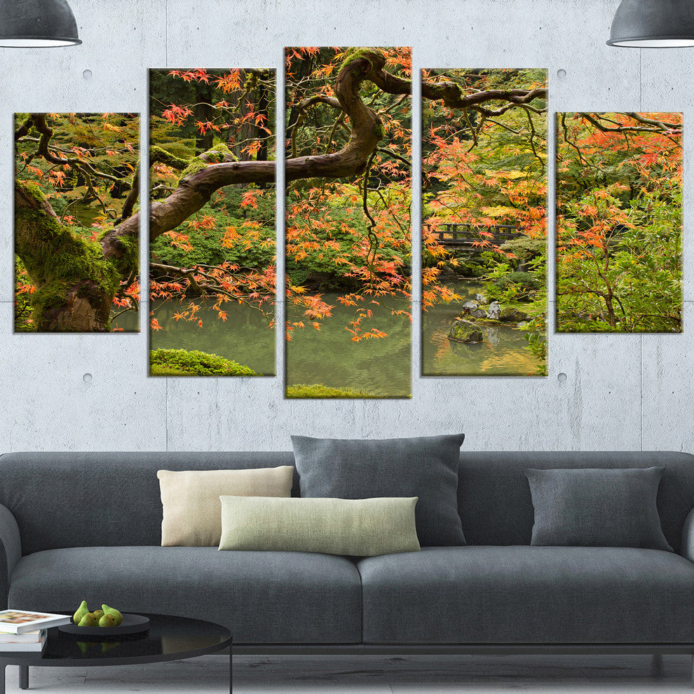 Japanese Garden Fall Season, Large Landscape Canvas Art, 60"x32", 5 Panels