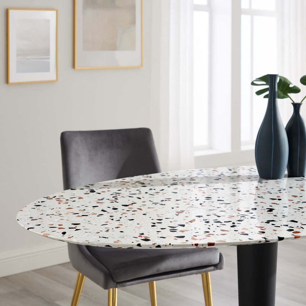 60" Dining Table, Oval, White Gold, Metal, Modern Cafe Bistro Hospitality