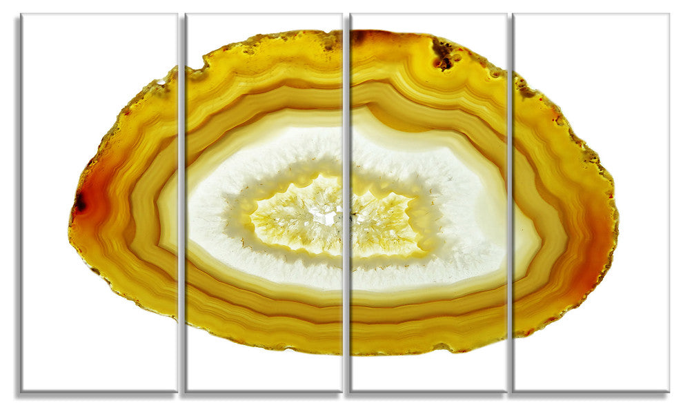 Yellow Agate with Geological Crystal, Abstract Canvas Artwork, 48"x28", 4 Panels
