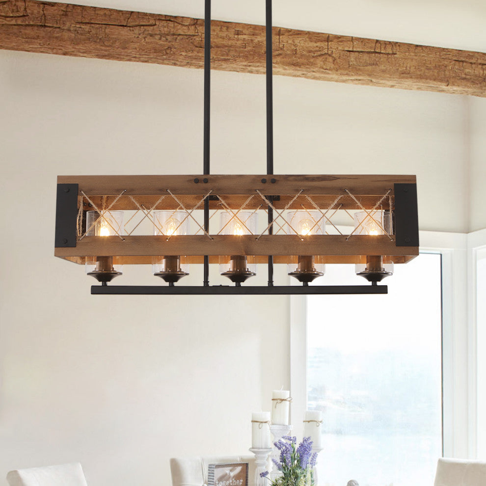 Wooden Farmhouse Rectangular Chandelier, 5 Light