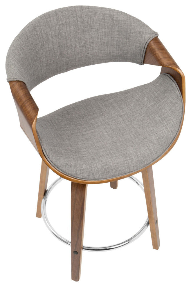 Curvini 24'' Counter Stool, Set of 2, Walnut Wood/Light Gray Fabric/Chrome
