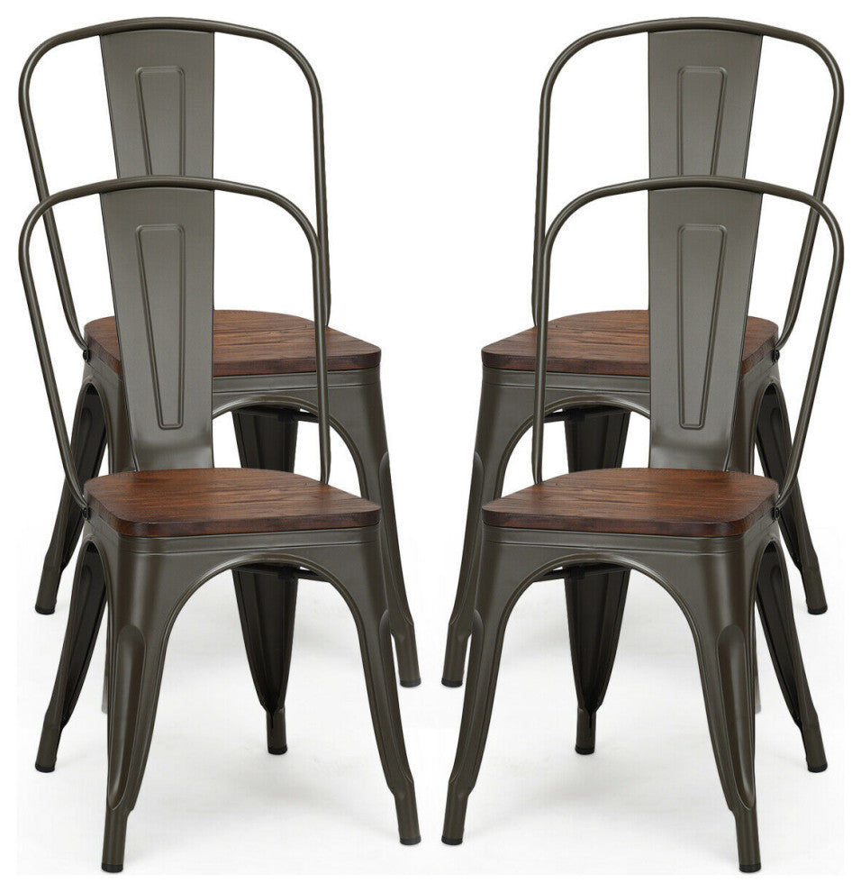 Costway Set of 4 Style Metal Dining Side Chair Wood Seat Stackable Bistro Cafe