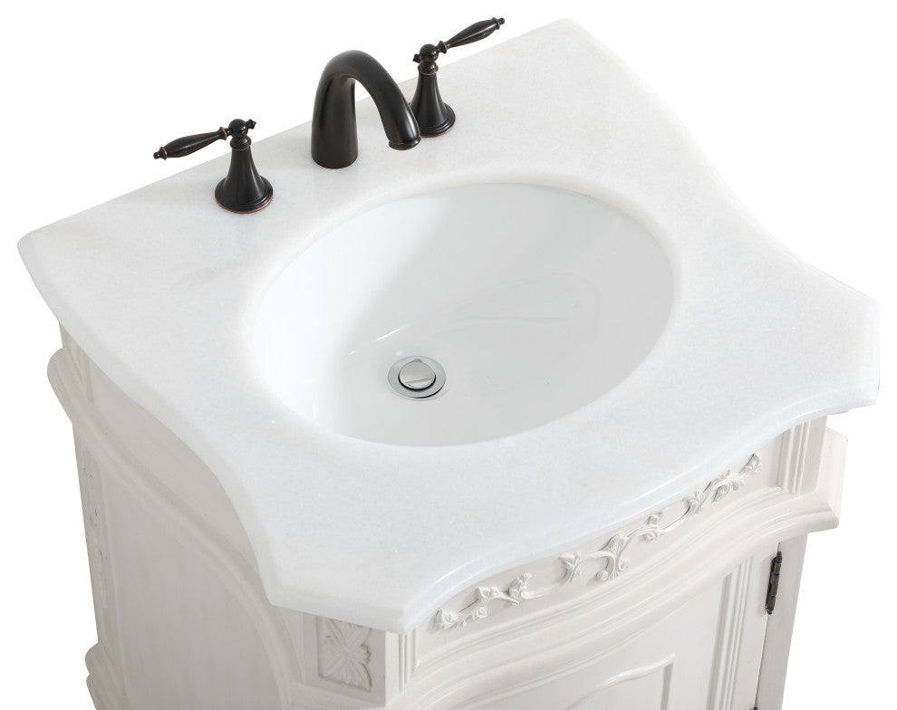 24" Single Bathroom Vanity, Antique White With Ivory White Engineered Marble