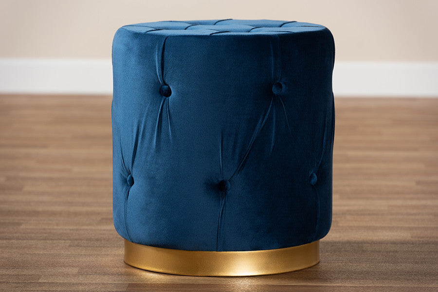 Navy Blue Velvet Fabric Upholstered Gold Finished Button Tufted Ottoman