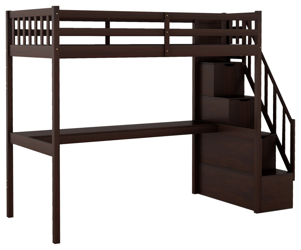 Gewnee Twin Size Loft Bed with Staircase and Built-in Desk in Espresso