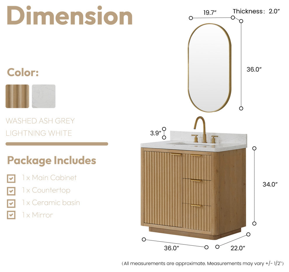Vinnova Cadiz Bath Vanity, Composite Stone Top, Washed Ash Grey, 36", With Mirror
