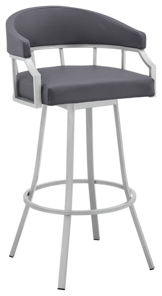 Valerie Swivel Brown Faux Leather and Java Brown Metal Bar Stool, Gray/Silver, Bar Height
