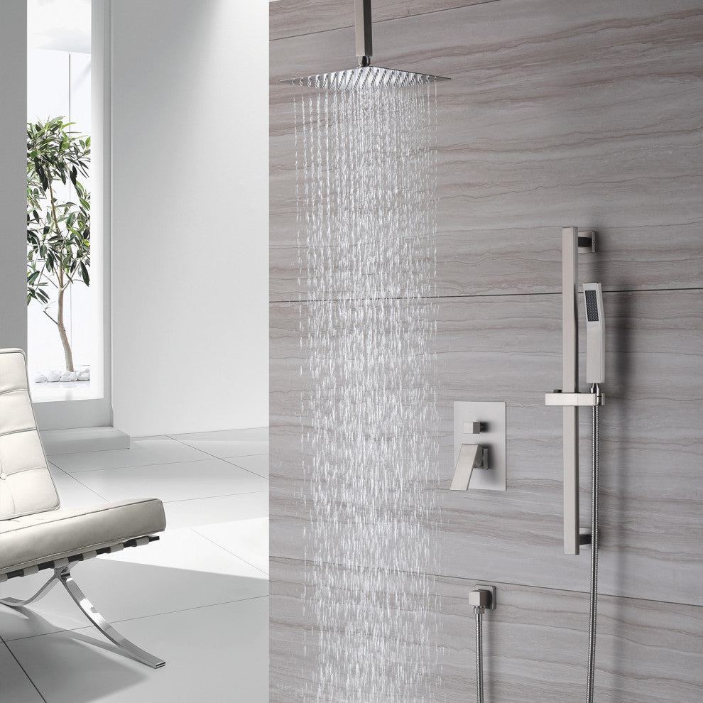 CASAINC 10" Ceiling Mounted Shower System Set w Sliding Handheld Rod, Brushed Nickel