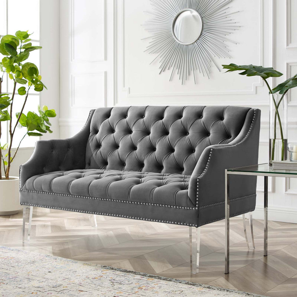 Tufted Loveseat Sofa, Velvet, Gray, Modern, Living Lounge Hotel Hospitality