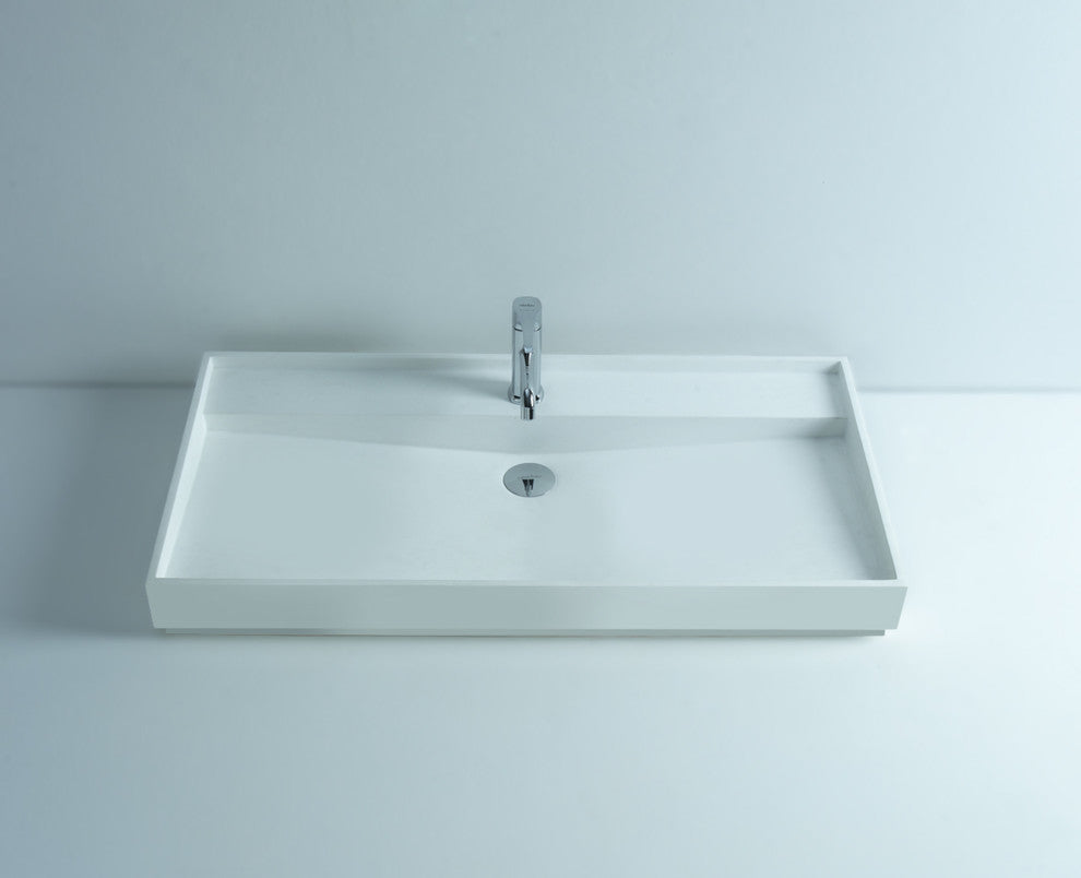 ADM Rectangular Stone Resin Countertop Sink, White, 35", Glossy White
