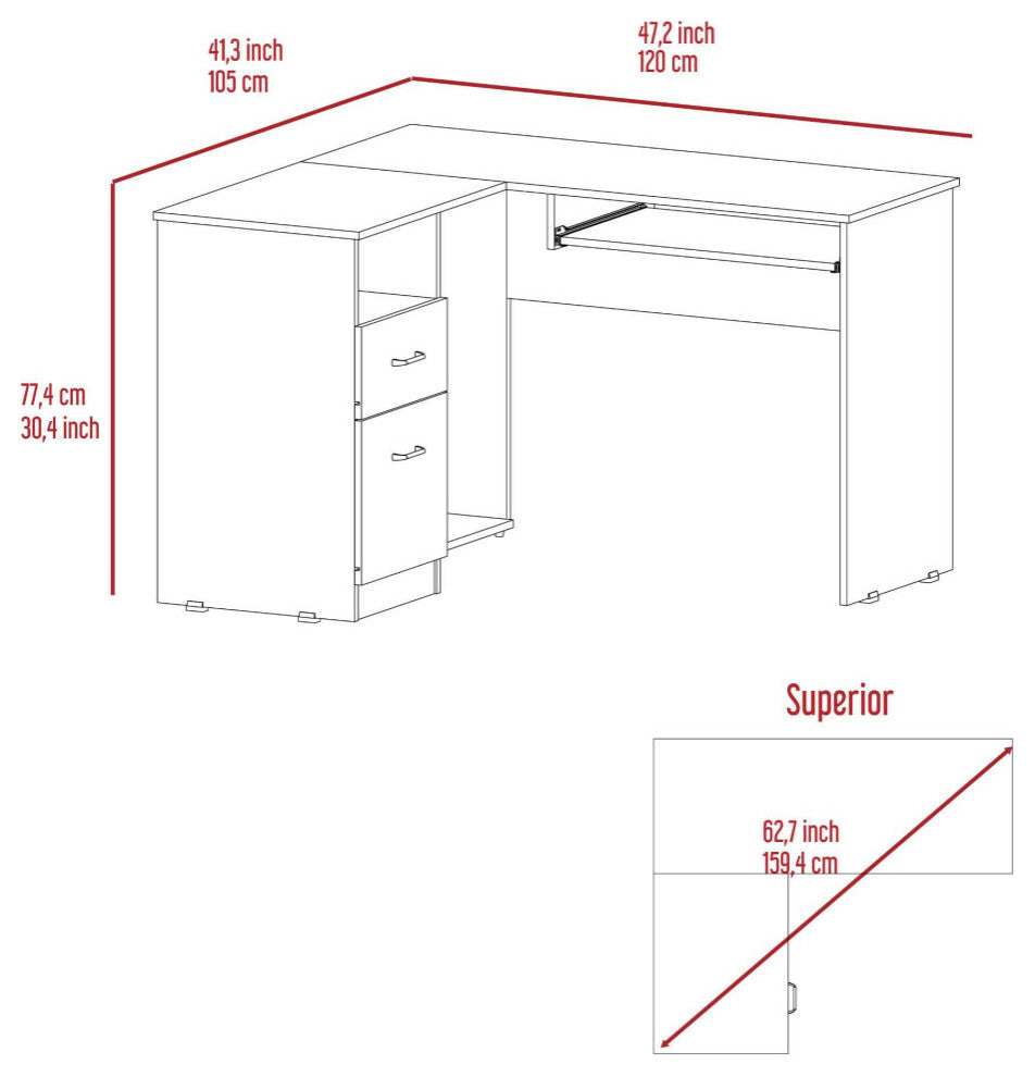 Raleigh L-Shaped Office Desk with 2 Drawers, Open Shelf, CPU Storage, Smoky Oak