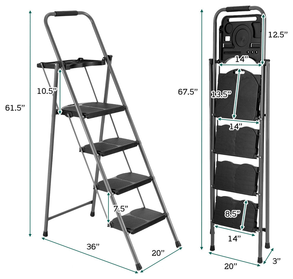 Costway 4 Step Folding Ladder 330lbs Portable Steel Anti-Slip w/Tool Platform