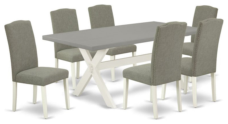 7-Piece Set An Excellent Cement Color Table Top and 6 Chairs, Linen White
