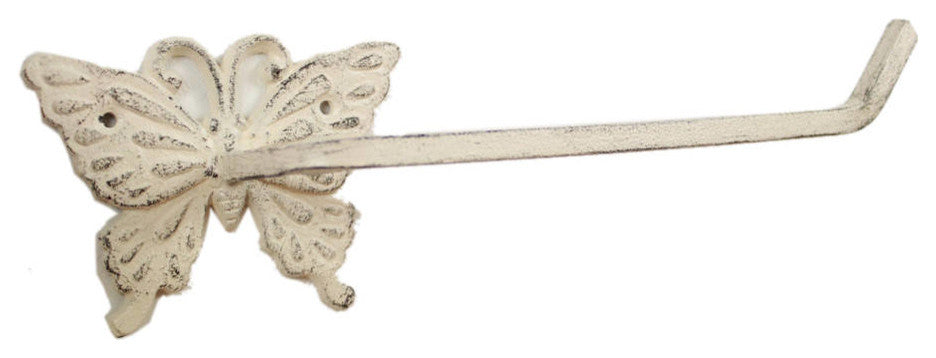 Whitewashed Cast Iron Butterfly Toilet Paper Holder 11"