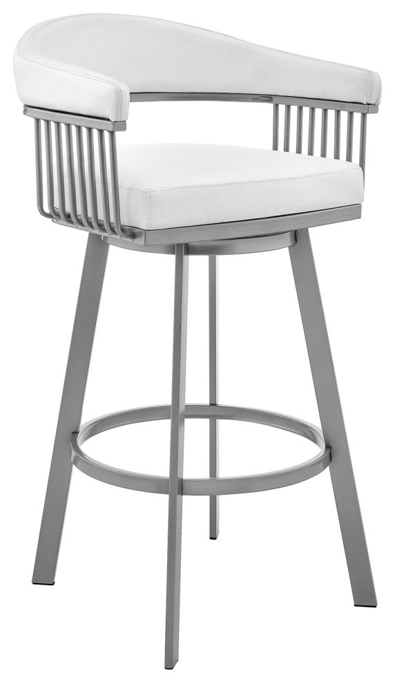 Benzara BM282635 Modern Bar Stool Chair, Vegan Leather, Slats, Swivel, White
