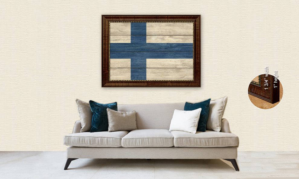Finland Country Textured Flag Print With Brown Gold Frame, 15"X21"